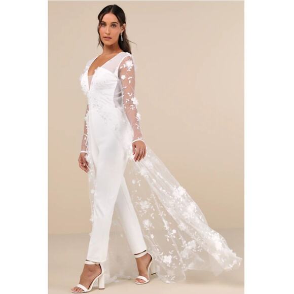 Lulus-Immaculate Favorite White Mesh Embroidered Cape Jumpsuit - Picture 1 of 4